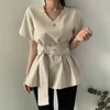 Camicette da donna Camicetta casual sottile da donna estiva Cintura Moda semplice ed elegante Camicie da donna da ufficio Coreano stile janpanese con scollo a V Top Streetwear