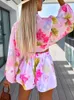 Women's Tracksuits Women Boho Summer Floral Print V Neck Chiffon Tops Shorts 2 Pieces Sets Ladies Lantern Sleeve Suits Holiday Beach