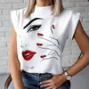 Women's Blouses OMILKA Red Lips Printed Elegant Shirt 2023 Summer Women Stand Neck Pullover Basic Tops Cute Eye Short Sleeve Blusa