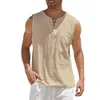 Mäns klänning skjortor bomullslinne avslappnad Leeveless Vest Bandage Lace Up Blus Retro V Neck Fashion Loose Shirt Male Solid Color Clothes 230629