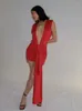 Abiti casual Abito longuette con scollo a V profondo senza maniche Abito longuette con nastro frontale sexy Vestidos da night club per feste femminili di moda slim fit rossa