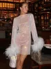 Базовые повседневные платья Sexy Mesh Mini Dres Fashion Feathers Tassel Full Sleeve See Through Summer Pink Shinny Club Party Outfit 230628