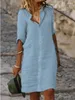 Casual Dresses Women's Summer Loose Lapel Button Half Sleeve Solid Color Cotton and Linen Shirt Dress Vintage Cardigan Kne Length