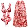 Badebekleidung, roter bedruckter Sling-Micro-Bikini, Rüschen, Patted Strap, einteiliger Badeanzug mit Ausschnitten am Rücken, schulterfrei, Sommer-Pool-Anzug 2022, HKD230628