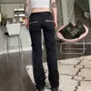 Women Jeans Aesthetic Dark Goth Pants Vintage Streetwear Punk Straight Casual Denim Solid Trousers Zippers Side Slit Pants