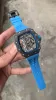 Мужские часы, черный корпус из углеродного волокна, механические, автоматические, пряжка-бабочка, каучуковый синий ремешок, полый механизм, RICRO