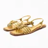 Sandalen 2023 Zomer Gladiator Voor Dames Goud Weven Platte Bohemen Stijl Open Teen Slip On Vrouw Schoenen