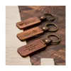 Keychains Lanyards 6.6x3cm Anpassad logotyp Personlig läder Keychain Pendant Beech Wood Carving bildekoration Key Ring DIY Tack Dhirg