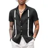 Camisas casuais masculinas de verão, gola tradicional, manga curta, praia, estampa listrada, com tops de bolso