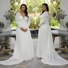2023 Plus Size Lace Wedding Dresses Deep V Neck A Line Long Sleeves Bridal Gowns Sweep Train robe de mariee