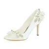 Scarpe eleganti da sposa dolce da sposa tacchi punta a punta senza lacci con pizzo fiore bianco perla avorio champagne raso pompe strass foglia