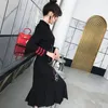 Этническая одежда, современный китайский Cheongsam Qipao, женское восточное платье, черная вышивка, церемония реформации, ретро халат, винтажная Femme TA1440