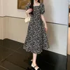 Casual Dresses Women Dress Bubble Hermes Square Neck Mid-Calf Längd sida Split Summer Flower Print High midje Lady Dating Midi