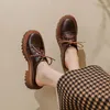 Dress Shoes Spring Women Loafers Split Leather For Round Toe Chunky Heel Casual Lace-up Slippers Platform Pumps
