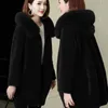 Femmes hiver 100% vraie laine manteau de fourrure veste femme col de fourrure à capuche mouton cisaillement manteaux dame couleur unie veste pardessus