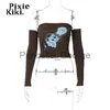 Partykleider PixieKiki Sexy Crop Tops mit Ärmeln Streetwear Trashy Y2k Shirts Frau Abstrakter Druck Braun Grafik T-Shirts 2000er Jahre Kleidung P95BG20 x0629