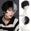 Cosplay Perücken Kurze lockige männliche Perücke Schwarz Weiß Gelb Hälfte Cosplay Anime Kostüm Halloween Perücken Kunsthaar mit Pony für Männer Junge Frauen x0901