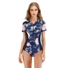 Swim Wear 2023 Ny Short Seve Swimsuit Women One Piece Rash Guards Surf Bodysuit Floral dragkedja Badkläder Girl Monokini Bath Swimming Wear HKD230628