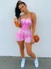 Damen Jumpsuits Strampler Hirigin Frauen Sexy Tie-Dye Hosenträger Playsuit Sommer Streetwear Sport Spaghettiträger Ausschnitt Taille Slim Fit Kurze Strampler 230628