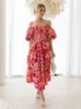 Basic Casual Jurken WildPinky Zomer voor Vrouwen Print Off Shoulder Bladerdeeg Mouw Lange Jurk Ruglooze Hoge Taille Aline Beach Vestido 230629