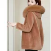 Femmes hiver 100% vraie laine manteau de fourrure veste femme col de fourrure à capuche mouton cisaillement manteaux dame couleur unie veste pardessus