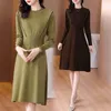 Casual Dresses Elegant Ruffle Long Sleeve Knitted Dress Women Vintage Slim Midi Sweater Fall Patchwork Drawstring Waist Bottoming Es