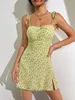 Podstawowe sukienki swobodne Kwiatowy Suspender podzielony mini sukienka Summer Slimeeveless Patry Beach Style Spaghetti Strap Ubrania 230629
