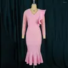 Vestidos casuais elegantes rosa para mulheres com decote em V manga cheia bodycon sereia panturrilha de alta qualidade luxo festa de aniversário vestido de jantar pano