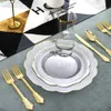 Tek Kullanımlık Yemek Takımı 60 Adet Tek Kullanımlık Sofra Şeffaf Çiçek Taç Şekli Altın Jant Plastik Plaka Bardak Gümüş Doğum Günü Düğün Parti Malzemeleri 230628