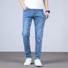 Mens Jeans Summer Light Blue Thin Regular Fit Green Label Decoration Fashion Stretch Denim Pants Male Brand Trousers 230629