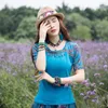 Ropa étnica 2023 verano estilo nacional chino cuello redondo manga corta estampado costura borla camiseta Retro Casual mujer Top S198