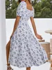 Базовые повседневные платья HiloRill Женское летнее элегантное платье с цветочным принтом, модное платье с квадратным воротником и пышным коротким рукавом, женское вечернее платье трапециевидной формы 230629