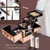 Makeup Train Cases Portable Suitcase Box Alloy Cosmetics Case 3 Large Trays with Mirror Lock Keys Brushes Holder for Artists 230628