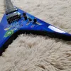 Dim DaveMustaine Megadet Rust In Peace Blue Flv V Guitare électrique Travail à la main Peinture Top GotohTuners Black Hardware Shark Fin Inlay