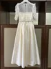 Auth S-elf Portrait small stand neck, medium sleeved off white dress, long skirt, small belt for delivery