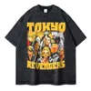 Men's T Shirts Anime Tokyo Revengers Retro Vintage Washed Mikey Draken Hanagaki T-shirt överdimensionerade Harajuku manga toppar tees bomull