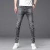 Herren Jeans Designer Trendige elastische Jeans Herren dunkelgrau bestickt trendige lange Hose lässig ausgewaschen dünn 79OR