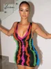 Casual Dresses Jokaa Multicolor Mesh Tassel Patchwork Mini Women Sexig Deep V-Neck Backless Bodycon Dress Autumn 2023 Party Clubwear