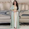 Ropa étnica Vestido de satén Musulmán 2 piezas Abaya para mujeres Frente abierto con cinturón Diamantes Lentejuelas Ramadán interior Marroquí Dubai Turquía Islam