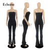 Womens Jumpsuits Rompers Echoine New Hem Slit Elastic Bodycon Jumpsuit 2022 Woman Sexy Suspenders Sleeveless Skinny Flared Trouser Romper Yoga Overall J230629
