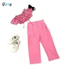 Pajamas Qunq Summer Girls Hang a Neck Off Shoulder Pleated Puffed Sleeves Top Straight Pants 2 Pieces Set Casual Kids Clouthes Age 3 T 8T 230628