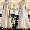 Champagne Mother of the Bride Dress Elegant Jewel Neck Tea Length Lace Satin Half Sleeve Formal Wedding Guest Gown