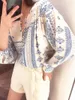 Women's Blouses Women Shirt O-neck Retro Ethnic Print Long Sleeve Loose Female Blouse With Buttons 2023 Spring