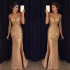 Luxury Gold Crystals Mermaid Prom Dresses Sheer Deep V-Neck Backless Split Side Evening Gowns Rhinestones Tulle Pageant Dress