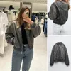 Kvinnorjackor 2023 Kvinnor Stativ Collage Lång ärm Loose Casual Pu Leather Bomber Jacket Faux dragkedja