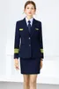 High End Spring Aviation Pilot Woman Captain Uniform Navy Blue Slim Fitting Coat Pants Set Professional Autumn Skirt Blouse Suit