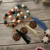 Leopard Wood Beads Bracelet Keychain Women Leather Tassel Wristlet Key Chain for gift MAMA Letters DHL