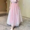 Saias Vintage Moda Cintura Alta Tule Midi Plissado Mulher Forro Malha Renda Patchwork Harajuku Dança Damas de Honra Longo