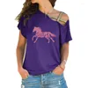 Vrouwen T Shirts 2023 Mode Wildflower Paard Print Vrouwen T-shirt Dames Casual T-shirt Zomer Onregelmatige Skew Cross Bandage tops