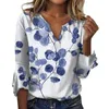 Women's Blouses Women Shirts V Neck Casual 7 Point Sleeve Top Shirt Large Abstract Floral Painting Blouse Streetwear Basic Camisas